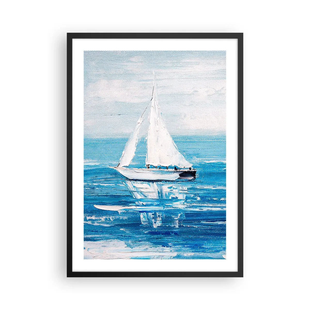 Plakat i sort ramme - En yacht på havet i blå nuancer - 50x70cm - Med en ven ved din side - Moderne vægdekoration til stue og soveværelse ARTTOR
