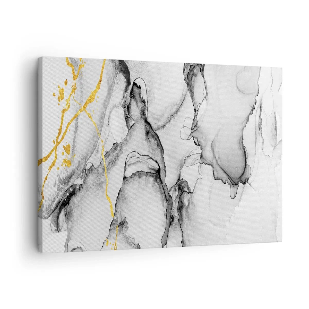 Lærredstryk - Billede på lærred - Abstrakte sort-hvide mønstre med gulddetaljer - 70x50cm - Sammensætning med guldmotiv - Moderne vægdekoration til stue og soveværelse ARTTOR
