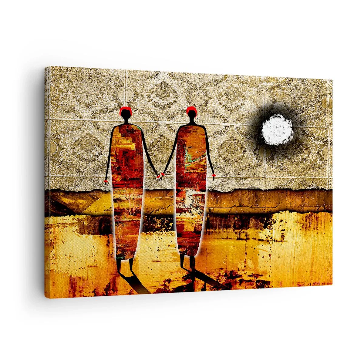 Lærredstryk - Billede på lærred - Et abstrakt figurpar mod en baggrund af gyldne mønstre og et landskab. - 70x50cm - Etnisk sammensætning i farverne i Afrika - Moderne vægdekoration til stue og soveværelse ARTTOR