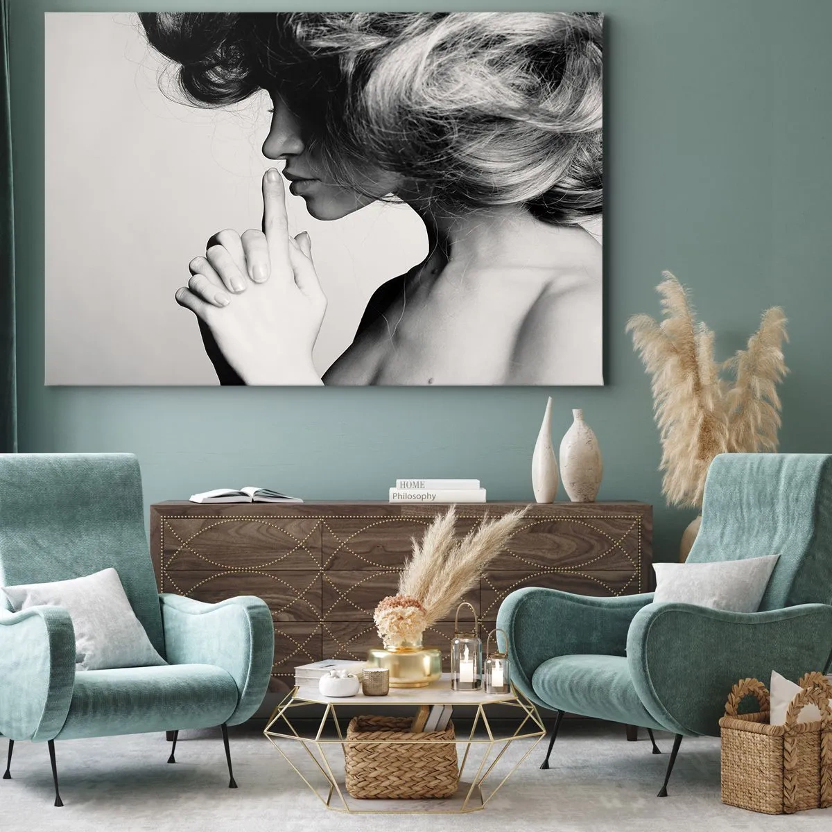 Lærredstryk - Billede på lærred - Sort-hvid profil af en kvinde, der gestikulerer stilhed - 70x50cm - Lyt til sig selv - Moderne vægdekoration til stue og soveværelse ARTTOR