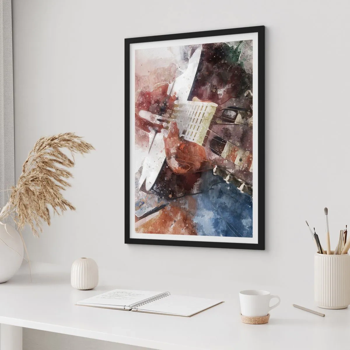 Plakat i sort ramme - Kunstnerisk skildring af en guitar i akvarelstil - 50x70cm - Og hvad synes du? - Moderne vægdekoration til stue og soveværelse ARTTOR