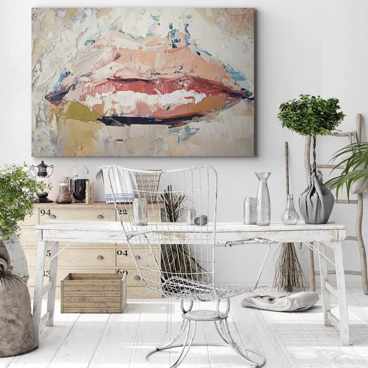 Lærredstryk - Billede på lærred - En abstrakt komposition, der forestiller en kvindes læber i pastelfarver. - 70x50cm - Vækker sanserne - Moderne vægdekoration til stue og soveværelse ARTTOR
