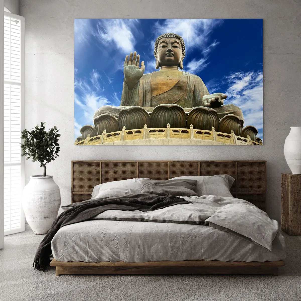 Billede på glas - En stor Buddha-statue mod en blå himmel - 70x50cm - Lev uden frygt - Moderne vægdekoration til stue og soveværelse ARTTOR