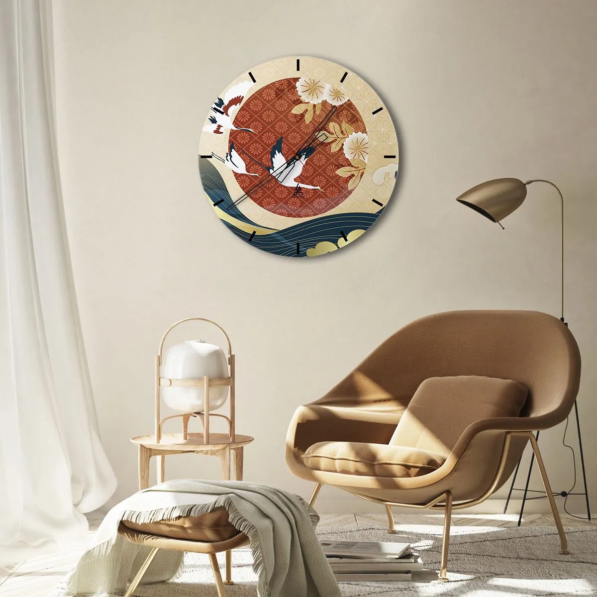 Vægur, Uret - Japanske traner mod en baggrund af en rød cirkel og stiliserede bølger. - 30x30cm - Kompatibel manglende overensstemmelse - Moderne vægdekoration til stue, køkken og soveværelse ARTTOR