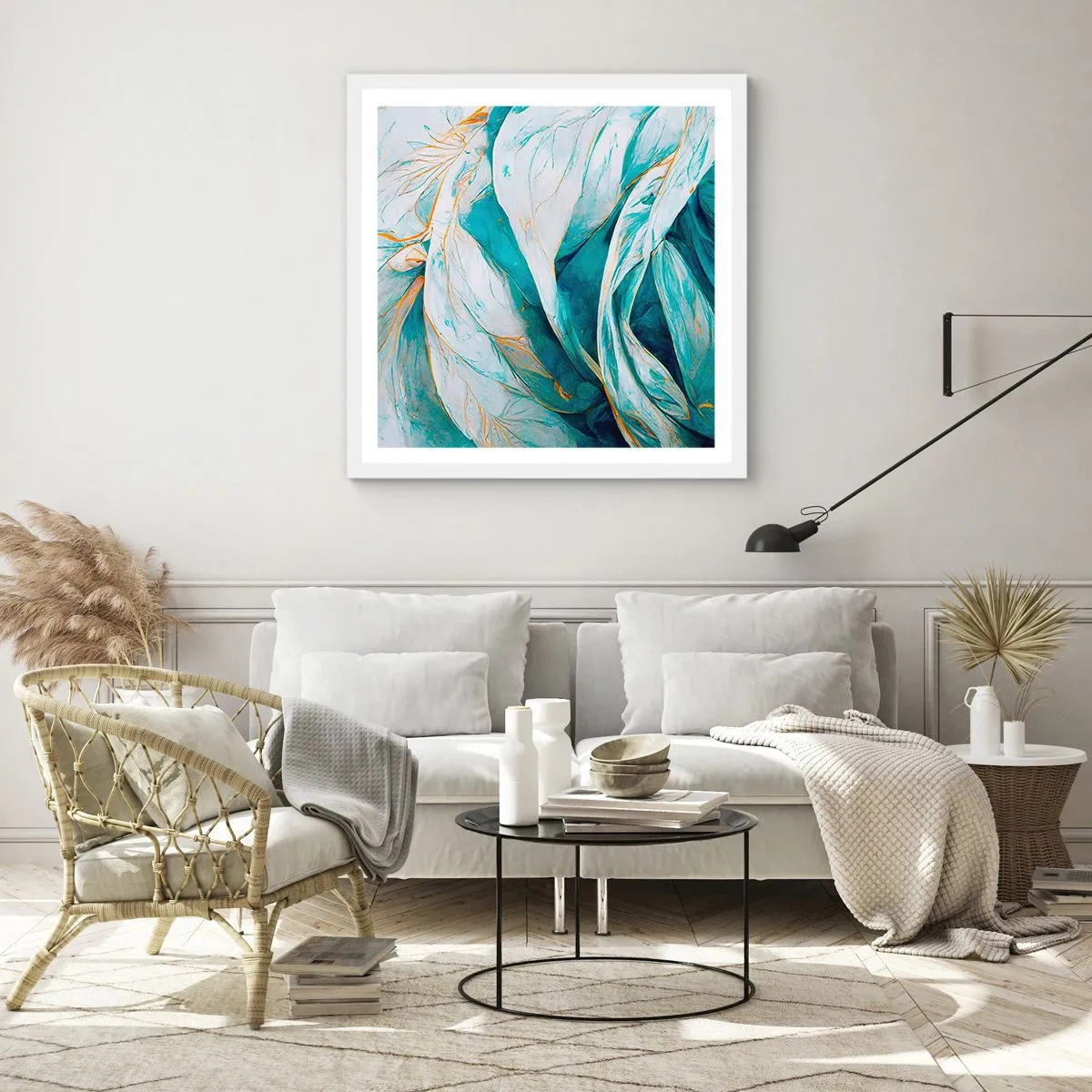 Plakat i hvid ramme - Blå abstraktion med et guldmotiv - 30x30 cm