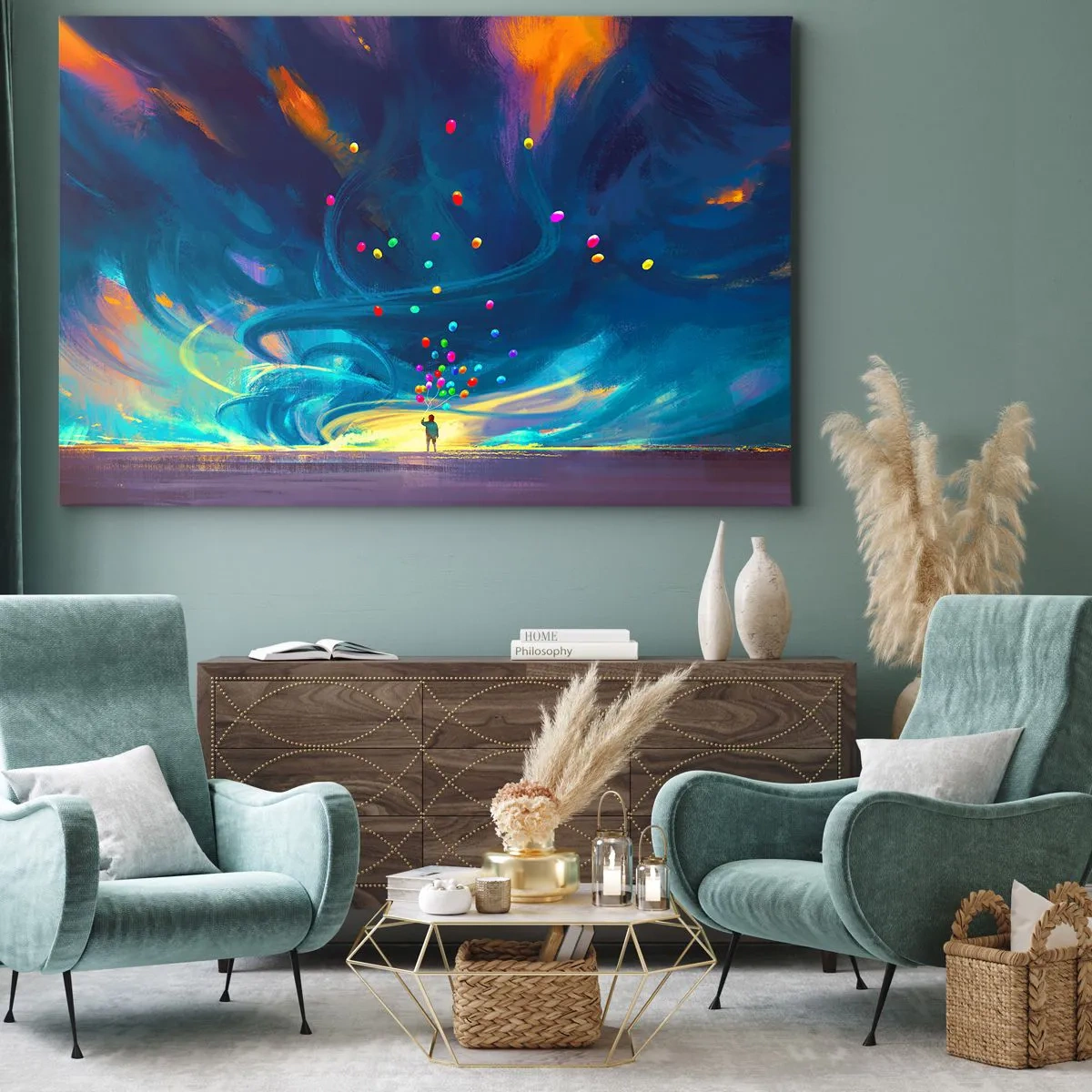 Lærredstryk - Billede på lærred - En figur med balloner mod en baggrund af hvirvlende, farverige skyer - 70x50cm - På en blå vind - Moderne vægdekoration til stue og soveværelse ARTTOR