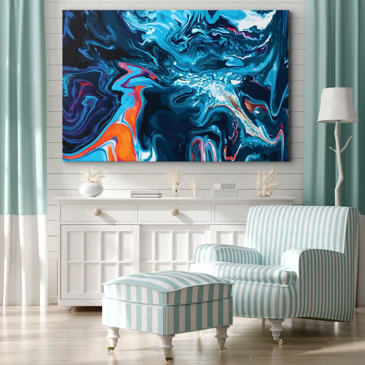 Lærredstryk - Billede på lærred - Et abstrakt mønster i blå nuancer med orange accenter. - 70x50cm - En rejse ind i himlen - Moderne vægdekoration til stue og soveværelse ARTTOR