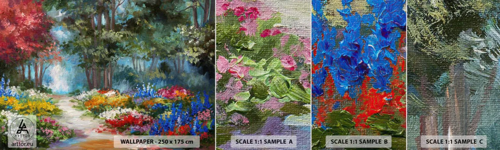 Prøve Fototapet Premium Canvas - Skovhave, blomsterskov - Landskab, Parkere, Blomster - 100x30 cm