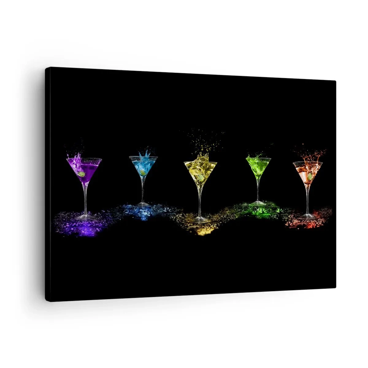 Lærredstryk - Billede på lærred - Farverige cocktails i glas på en sort baggrund - 70x50cm - Glædens farver i krystalglas - Moderne vægdekoration til stue og soveværelse ARTTOR