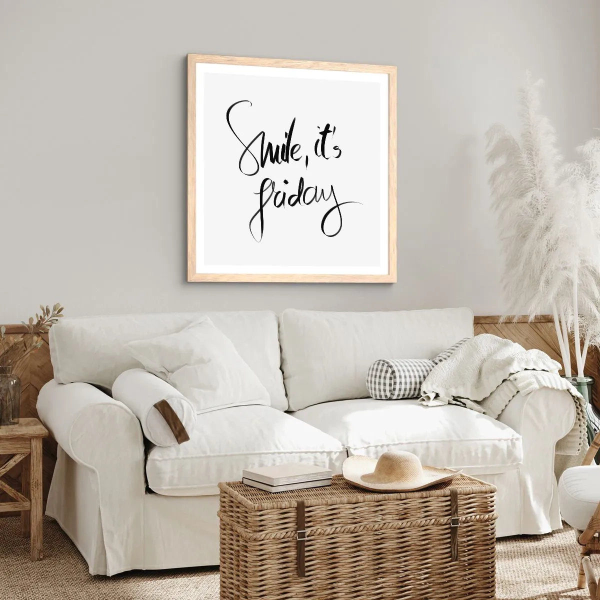 Plakat i ramme af lyst egetræ - Ægte glæde - 40x40 cm