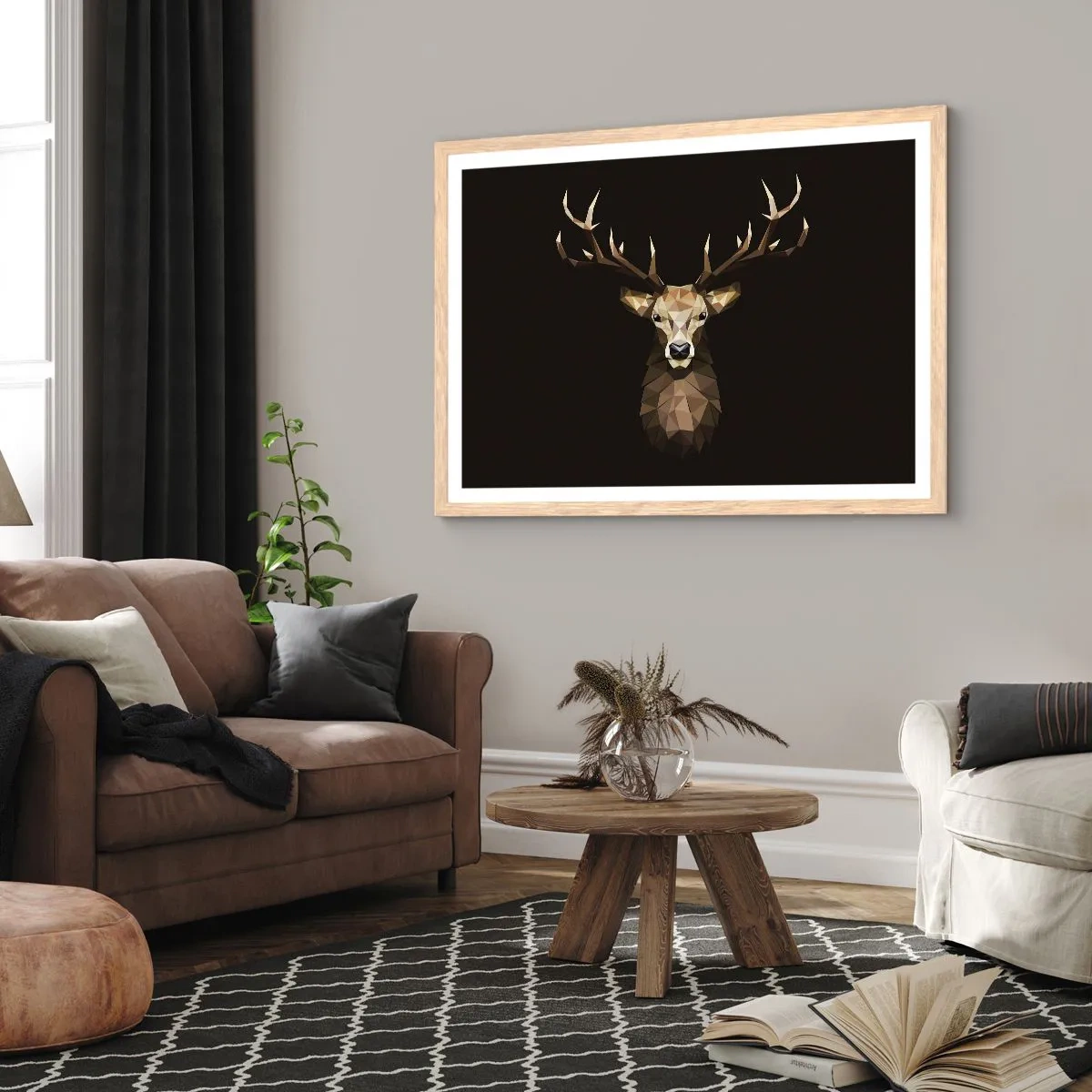Plakat i ramme af lyst egetræ - Kubistisk hjort - 91x61 cm