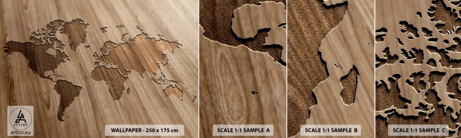 Prøve Fototapet Selvklæbende Deluxe Sticker - Verden på bordet - Verdenskort, Træ, Kontinenter - 100x30 cm