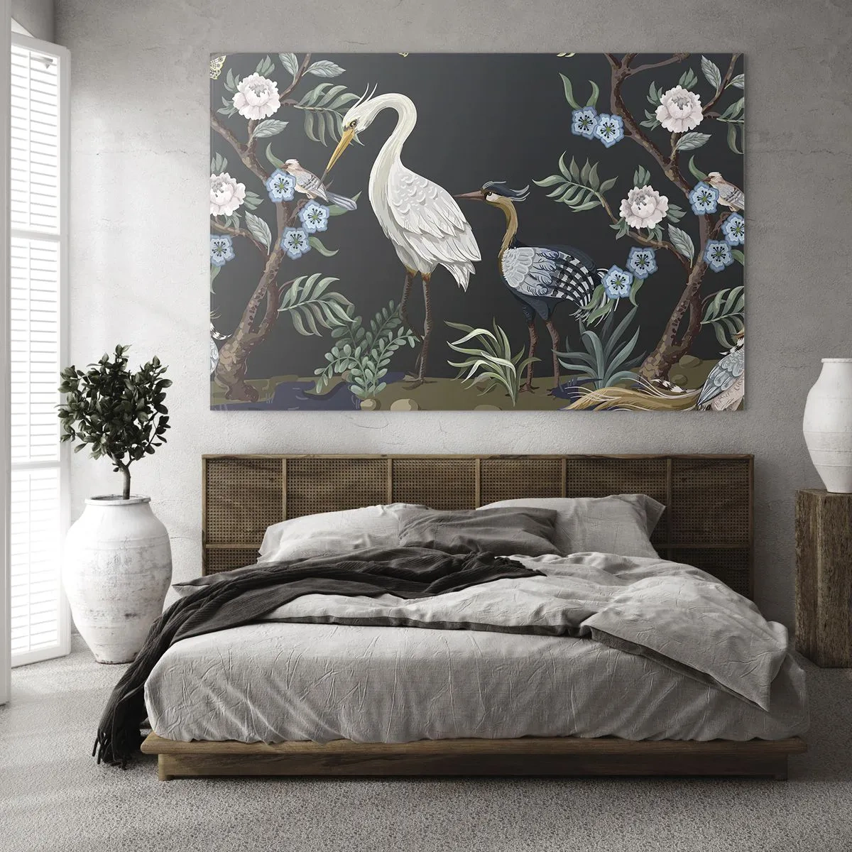 Billede på glas - Farverige fugle blandt blomstrende grene mod en mørk baggrund - 70x50cm - Fugleparade - Moderne vægdekoration til stue og soveværelse ARTTOR