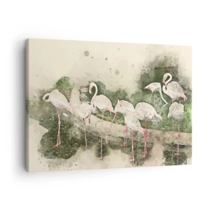 Lærredstryk - Billede på lærred - Flamingoer i deres naturlige omgivelser i akvarelstil - 70x50cm - En eksotisk drøm - Moderne vægdekoration til stue og soveværelse ARTTOR