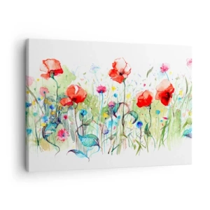Lærredstryk - Billede på lærred - En eng med røde valmuer og farverige blomster i akvarel - 70x50cm - En blomstrende eng i maj - Moderne vægdekoration til stue og soveværelse ARTTOR