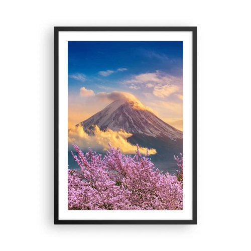 Plakat i sort ramme - Fuji-bjerget omgivet af kirsebærblomster ved solnedgang - 50x70cm - Japansk hellighed - Moderne vægdekoration til stue og soveværelse ARTTOR