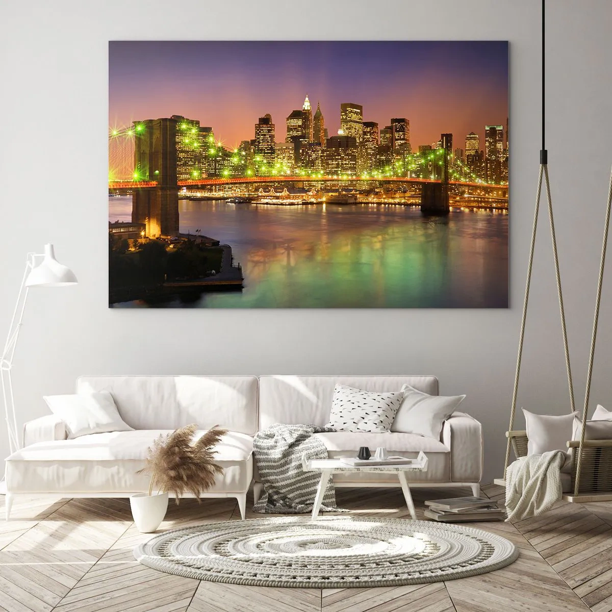Billede på glas - Oplyst bro over floden med panoramaudsigt over byen i skumringen - 70x50cm - Lyset går aldrig ud her - Moderne vægdekoration til stue og soveværelse ARTTOR