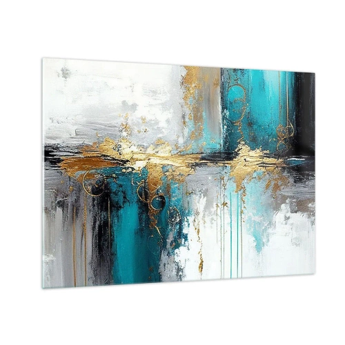 Billede på glas - Abstraktion med turkis og guld på en hvid baggrund - 70x50cm - Alting flyder - Moderne vægdekoration til stue og soveværelse ARTTOR