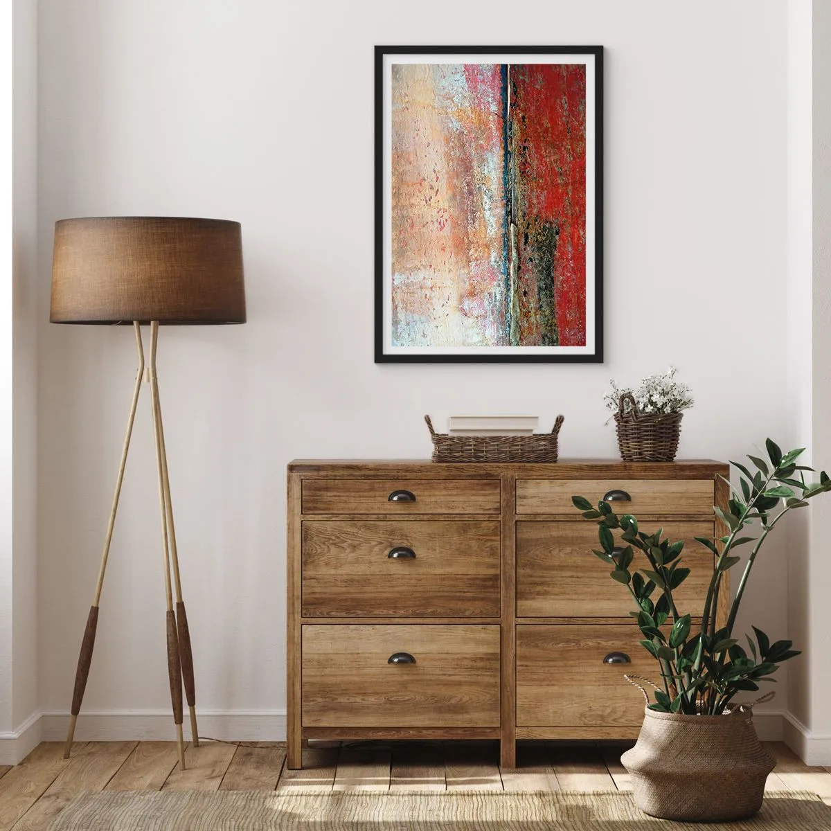Plakat i sort ramme - Abstrakt tekstur med hudafskrabninger i rødt og beige - 50x70cm - Måske er det havet - Moderne vægdekoration til stue og soveværelse ARTTOR