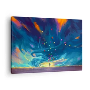 Lærredstryk - Billede på lærred - En figur med balloner mod en baggrund af hvirvlende, farverige skyer - 70x50cm - På en blå vind - Moderne vægdekoration til stue og soveværelse ARTTOR