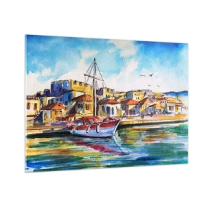 Billede på glas - En farverig marina med en sejlbåd og middelhavsarkitektur - 70x50cm - Regnbue eftermiddag - Moderne vægdekoration til stue og soveværelse ARTTOR