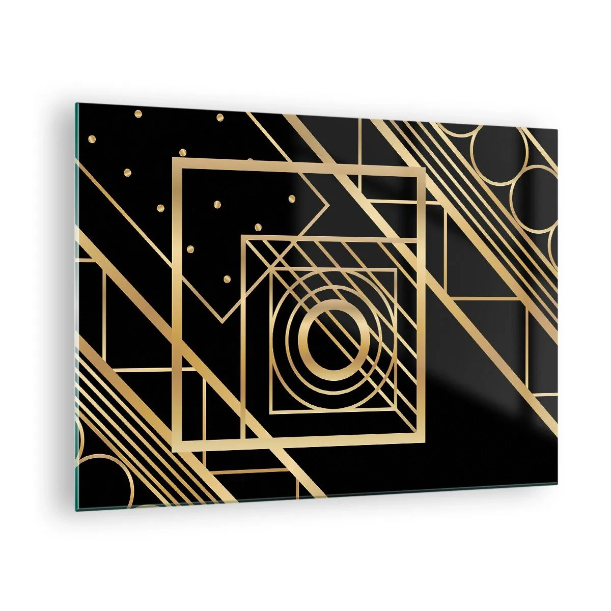 Billede på glas - Gyldne geometriske mønstre på en sort baggrund - 70x50cm - Gylden geometri - Moderne vægdekoration til stue og soveværelse ARTTOR