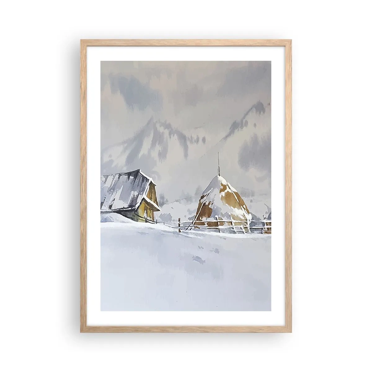 Plakat i ramme af lyst egetræ - I en sneklædt dal - 50x70 cm