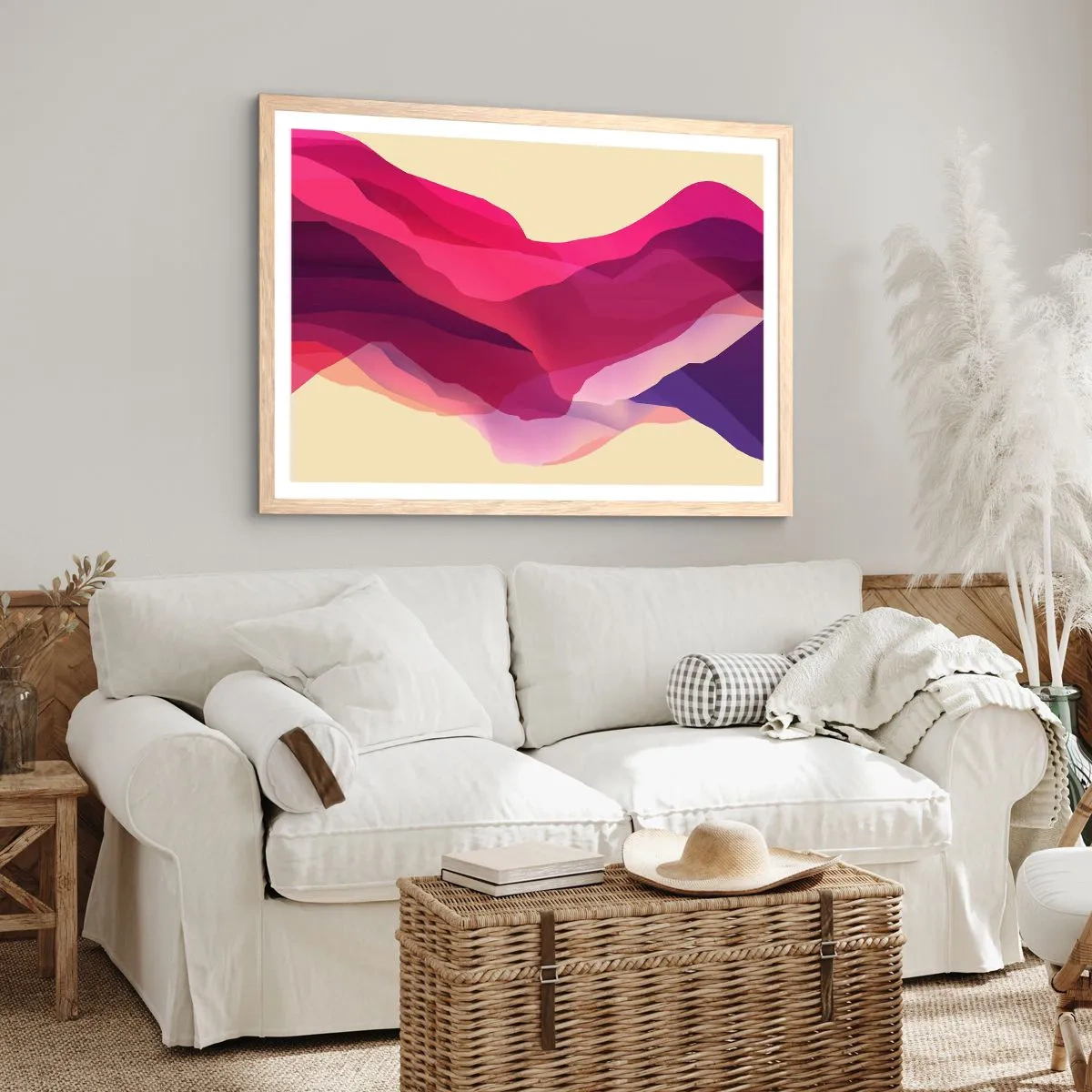 Plakat i ramme af lyst egetræ - Bølger i lilla - 100x70 cm