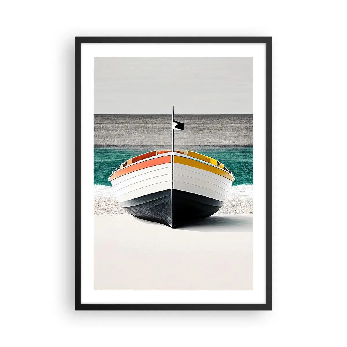 Plakat i sort ramme - Et farvefotografi af en båd mod en baggrund af hav og sand. - 50x70cm - På sin plads - Moderne vægdekoration til stue og soveværelse ARTTOR