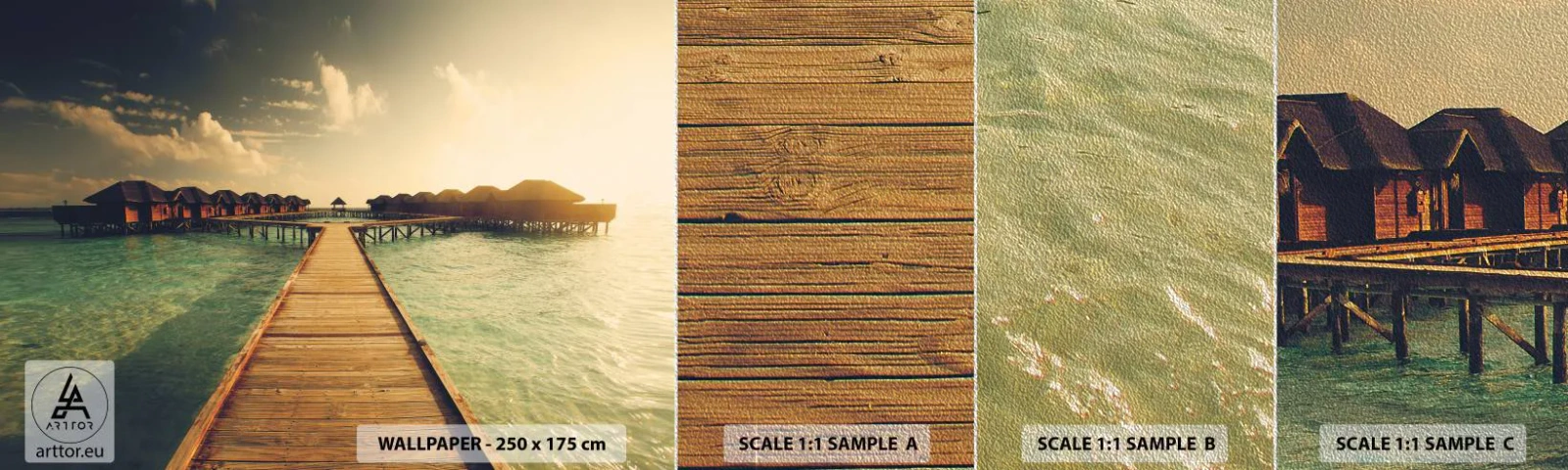 Prøve Fototapet Premium Sand - En varm invitation - Maldiverne, Landskab, Huse på vandet - 100x30 cm