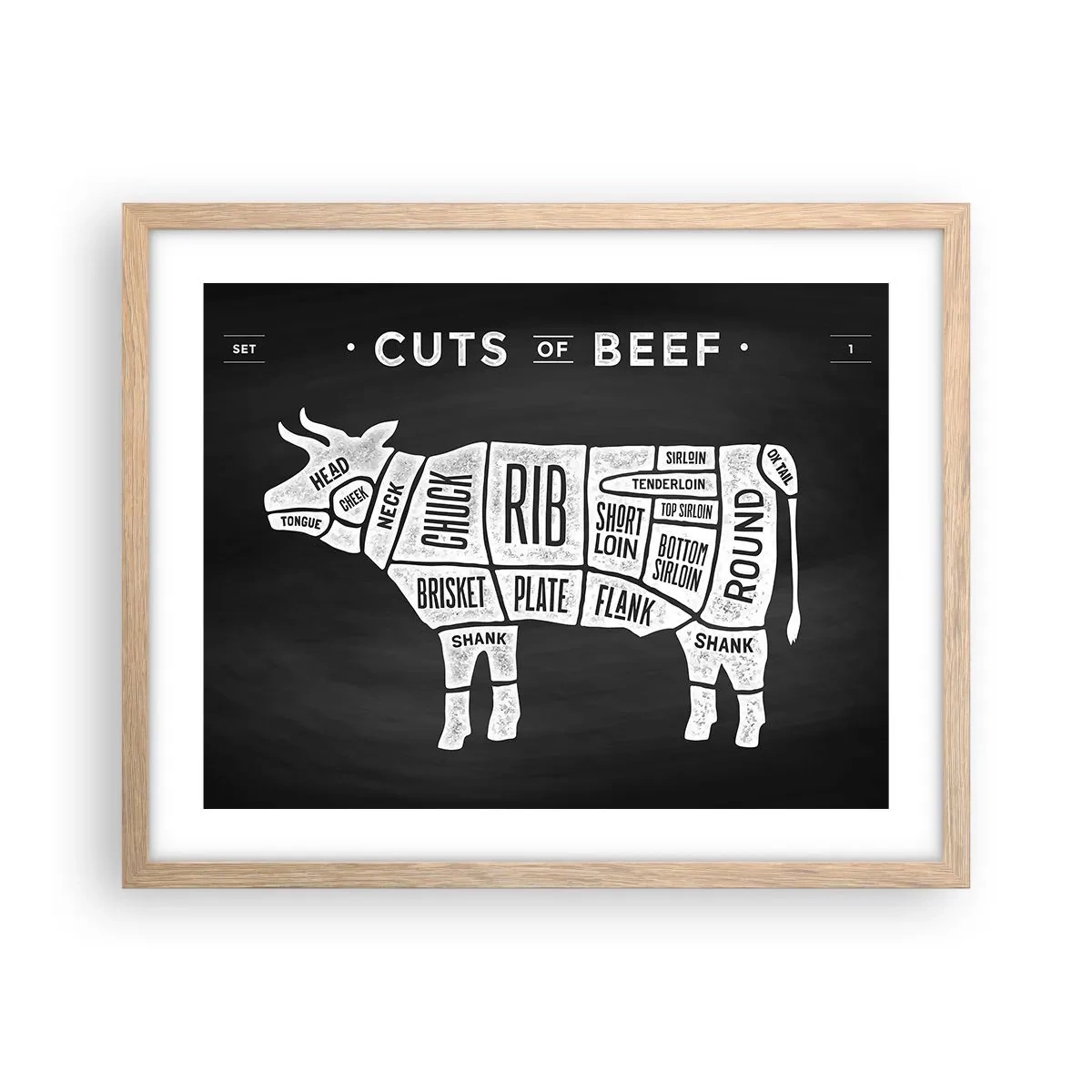 Plakat i ramme af lyst egetræ - Slagterens grundbog - 50x40 cm