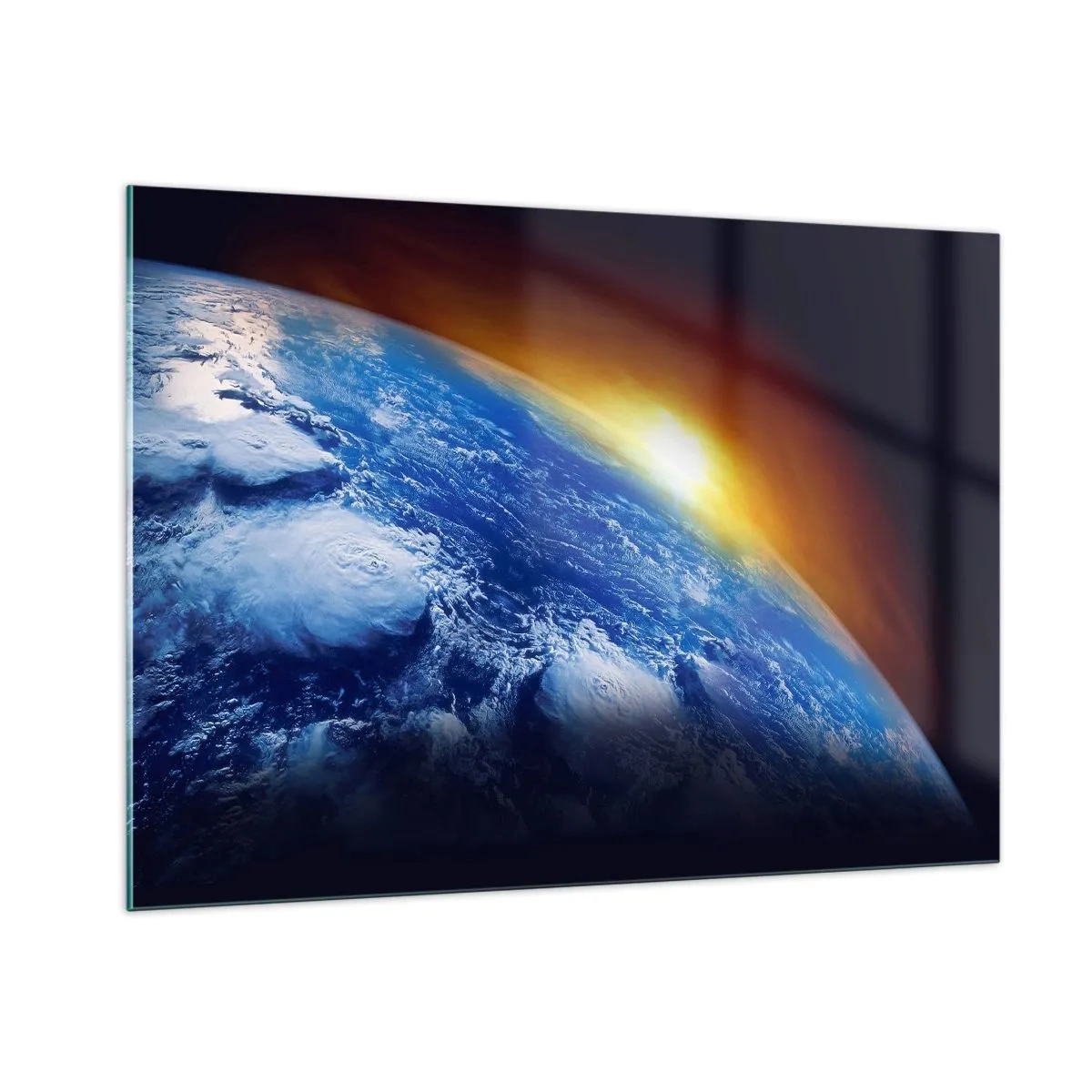 Billede på glas - Solopgang over den blå planet - 100x70 cm