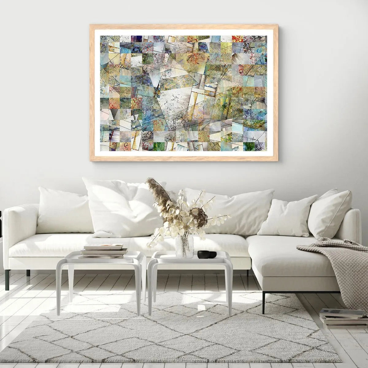 Plakat i ramme af lyst egetræ - Geometrisk ommøblering - 91x61 cm