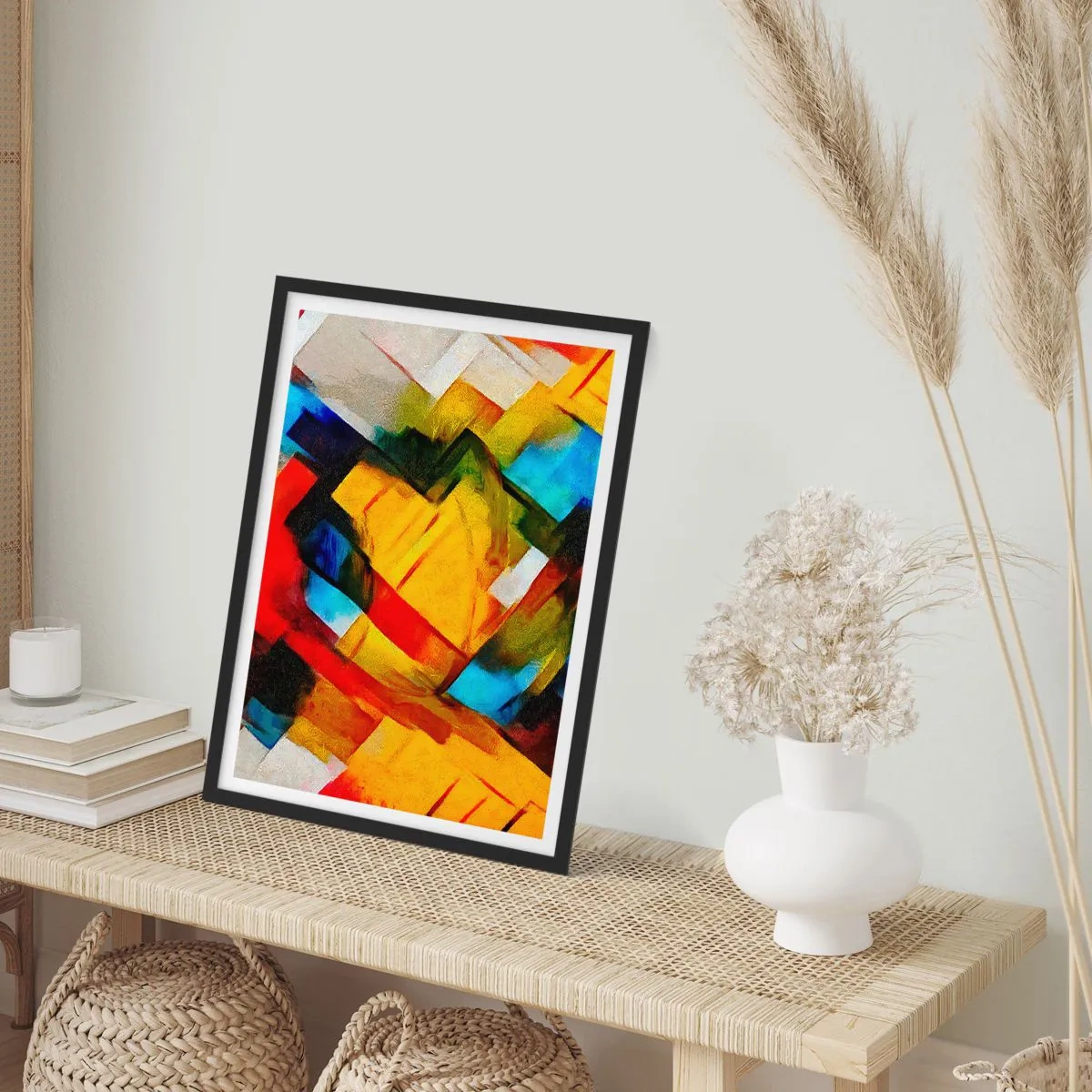 Plakat i sort ramme - Abstrakte geometriske former i intense farver - 50x70cm - Flerfarvet lagdeling - Moderne vægdekoration til stue og soveværelse ARTTOR