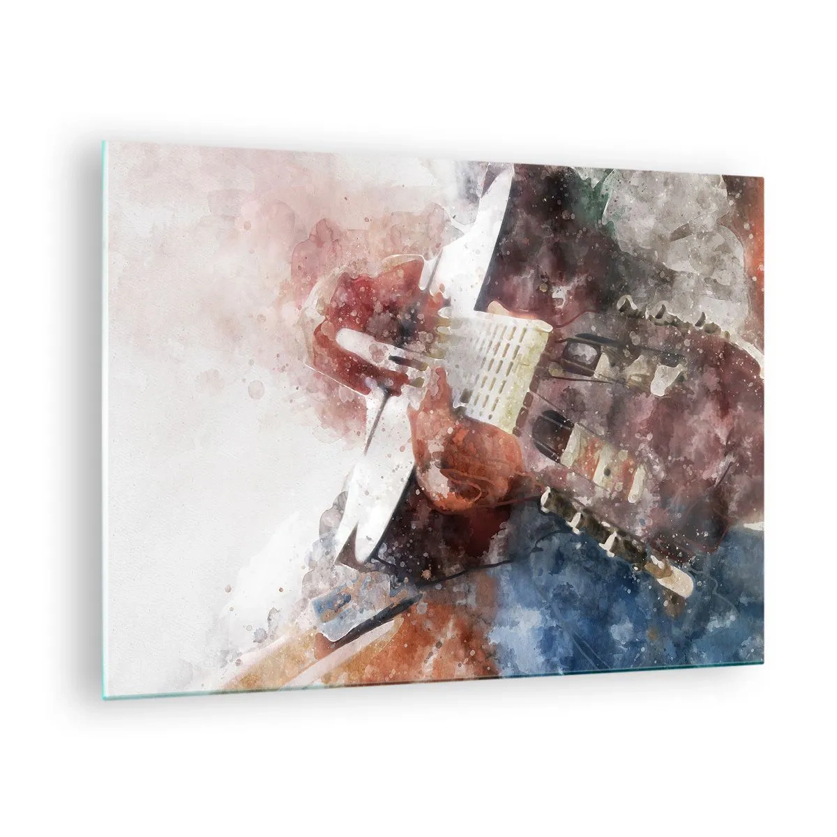 Billede på glas - Et akvarelmaleri af en kunstnerisk guitarist - 70x50cm - Og hvad synes du? - Moderne vægdekoration til stue og soveværelse ARTTOR