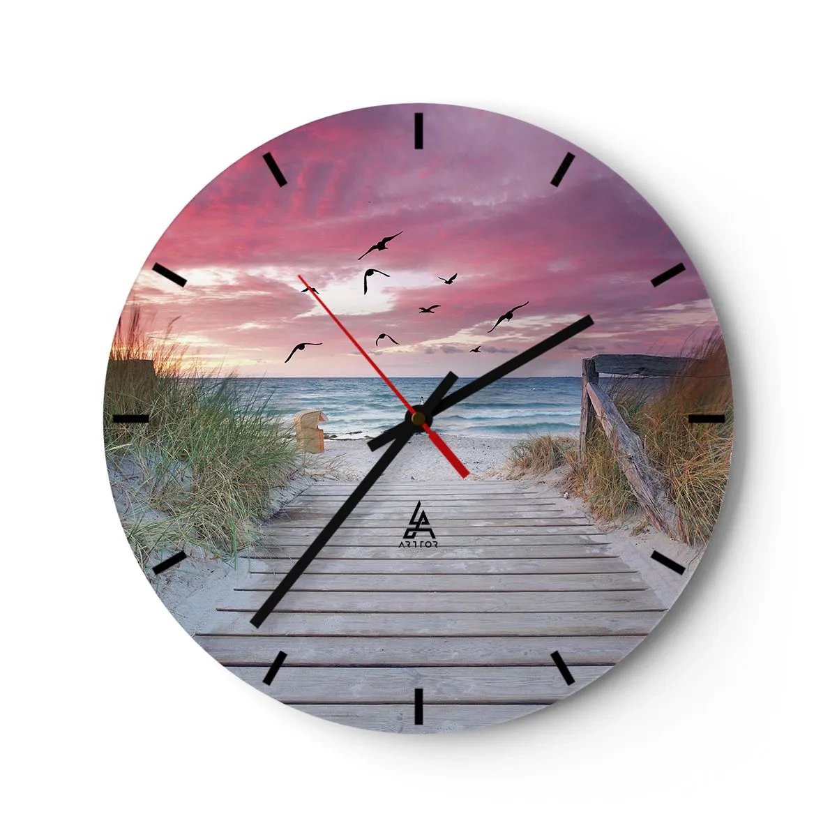 Vægur, Uret - Træbro, der fører til stranden ved solnedgang - 30x30cm - Baltisk indtryk - Moderne vægdekoration til stue, køkken og soveværelse ARTTOR