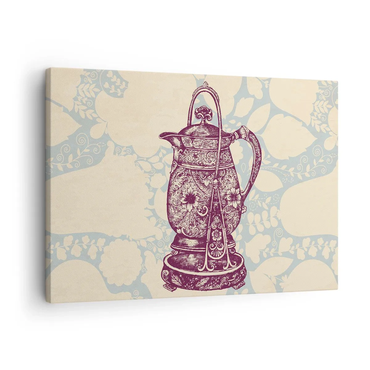 Lærredstryk - Billede på lærred - Stiliseret kande med ornamenter på en blomsterbaggrund - 70x50cm - Skønheden i hverdagslivet - Moderne vægdekoration til stue og soveværelse ARTTOR