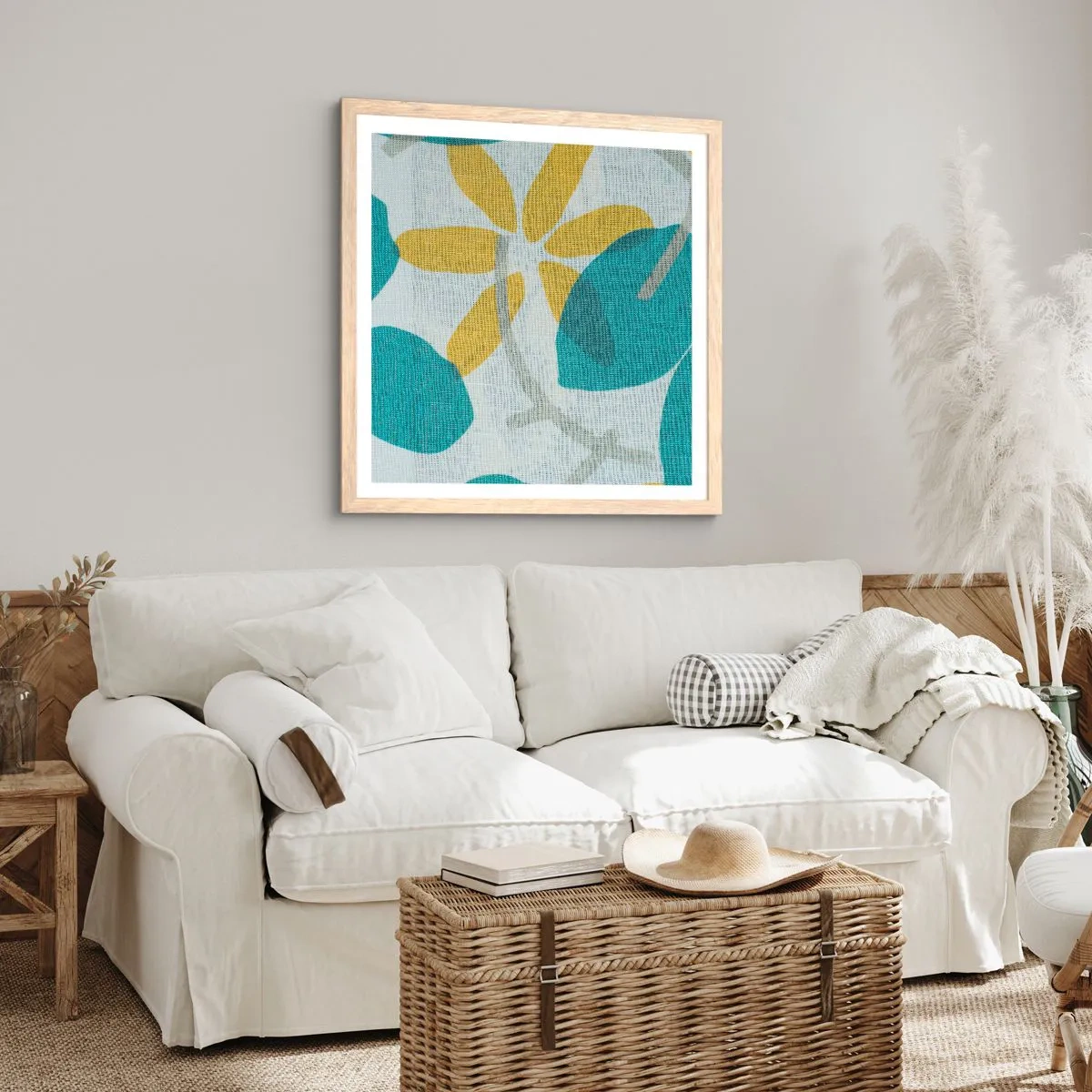 Plakat i ramme af lyst egetræ - Blandt azurblå blade - 60x60 cm