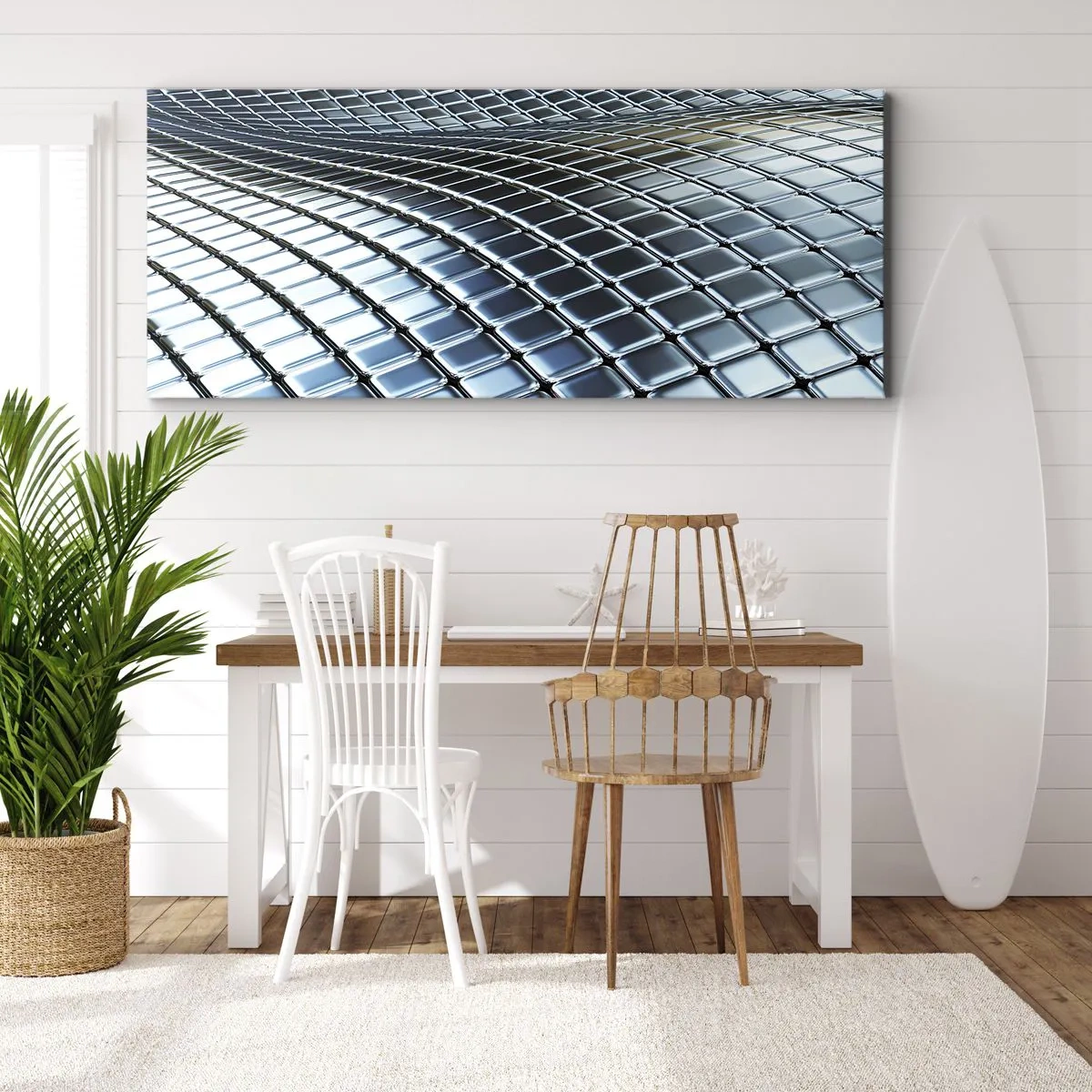 Lærredstryk - Billede på lærred - Bølge i metallisk sølv - 100x40 cm