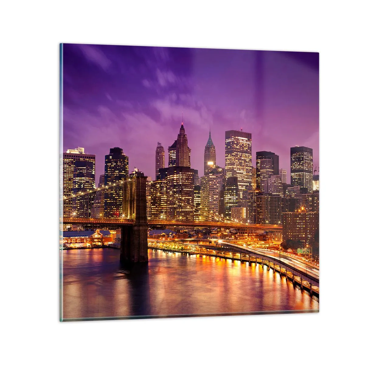 Billede på glas - Lilla og gylden Manhattan - 30x30 cm