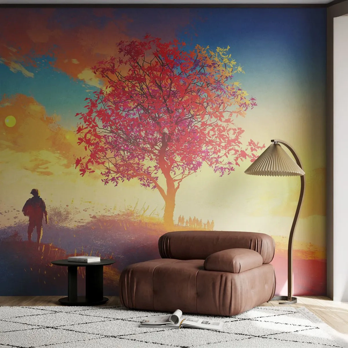 Fototapet Premium Canvas - Pilgrim på bestemmelsesstedet - Landskab, Træ, Vandrer - 250x175 cm