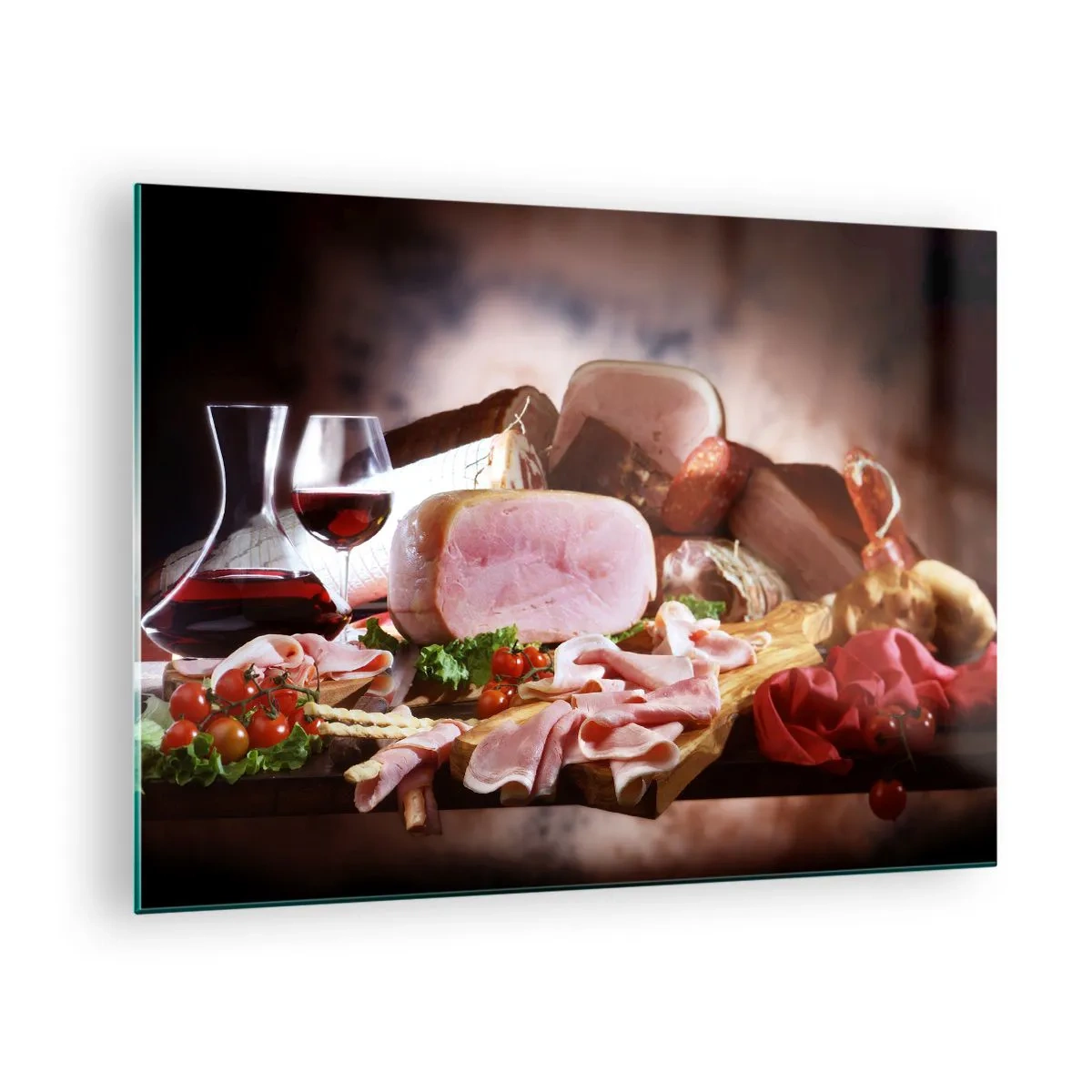 Billede på glas - Køkkenbord med pålæg, vin og friske grøntsager - 70x50cm - En kulinarisk drøm med en karaffel - Moderne vægdekoration til stue og soveværelse ARTTOR