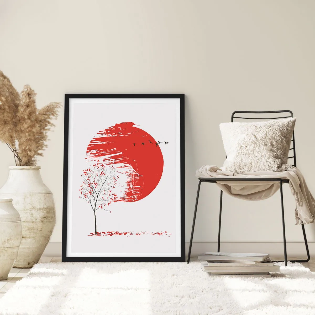 Plakat i sort ramme - Rød cirkel med træ og fugle i minimalistisk stil - 50x70cm - Kender du dette land? - Moderne vægdekoration til stue og soveværelse ARTTOR