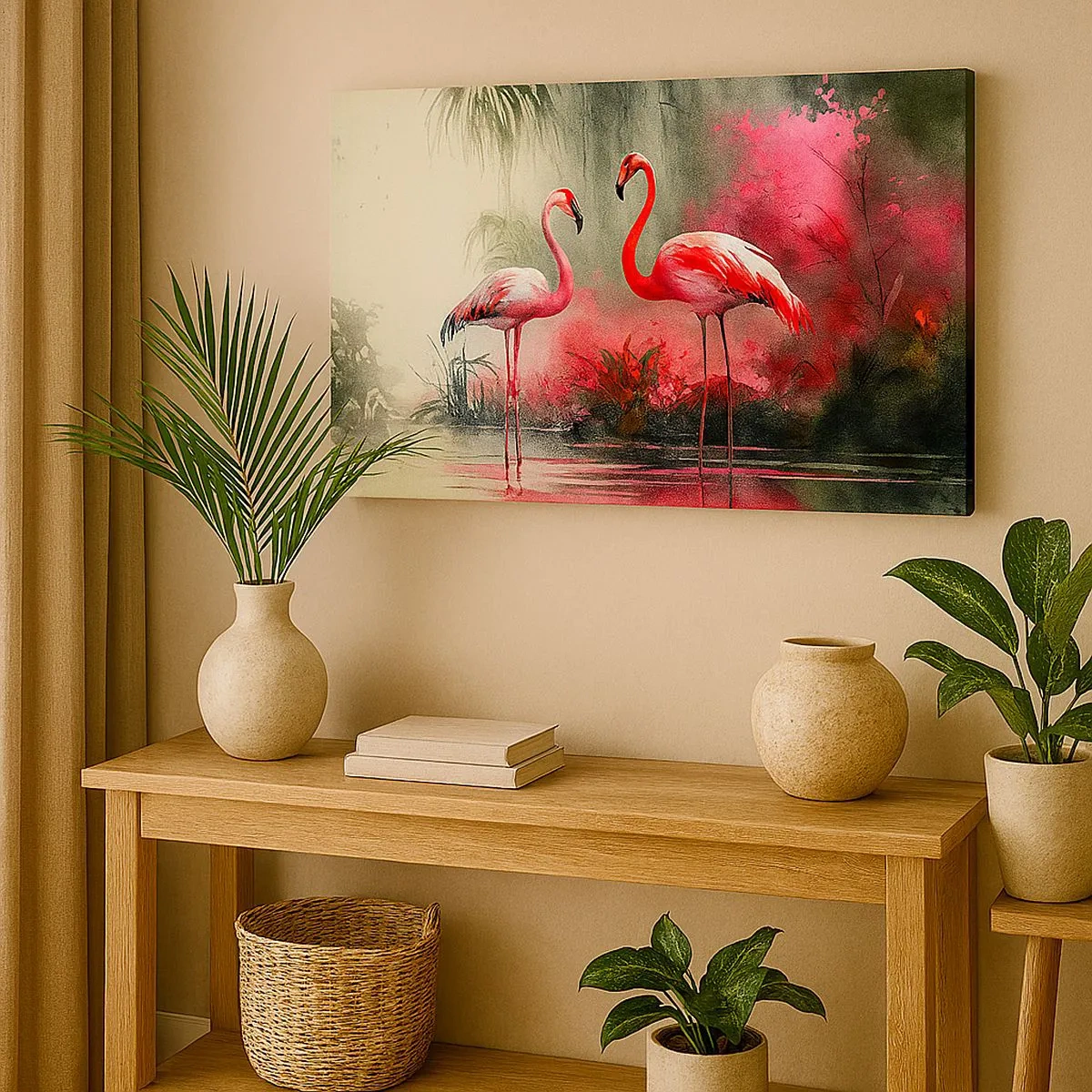 Lærredstryk - Billede på lærred - Flamingoer ved vandet omgivet af vegetation - 70x50cm - En lektion i naturlig charme - Moderne vægdekoration til stue og soveværelse ARTTOR