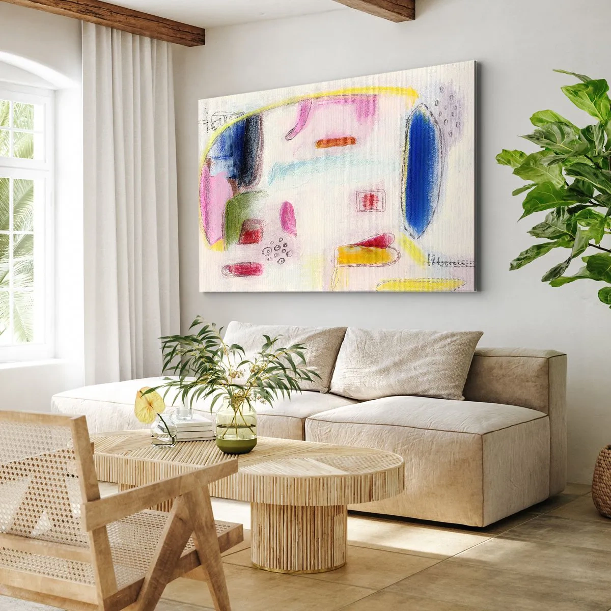 Lærredstryk - Billede på lærred - Farverige abstrakte former på en lys baggrund - 70x50cm - Mere konveks end konkav eller flad - Moderne vægdekoration til stue og soveværelse ARTTOR