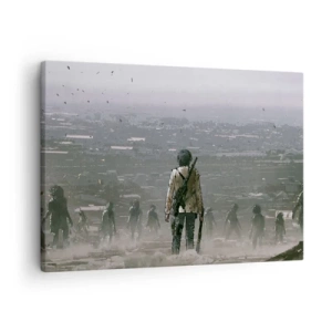 Lærredstryk - Billede på lærred - En figur med en pistol står foran en gruppe i et dystopisk landskab. - 70x50cm - Den sidste retfærdige person? - Moderne vægdekoration til stue og soveværelse ARTTOR