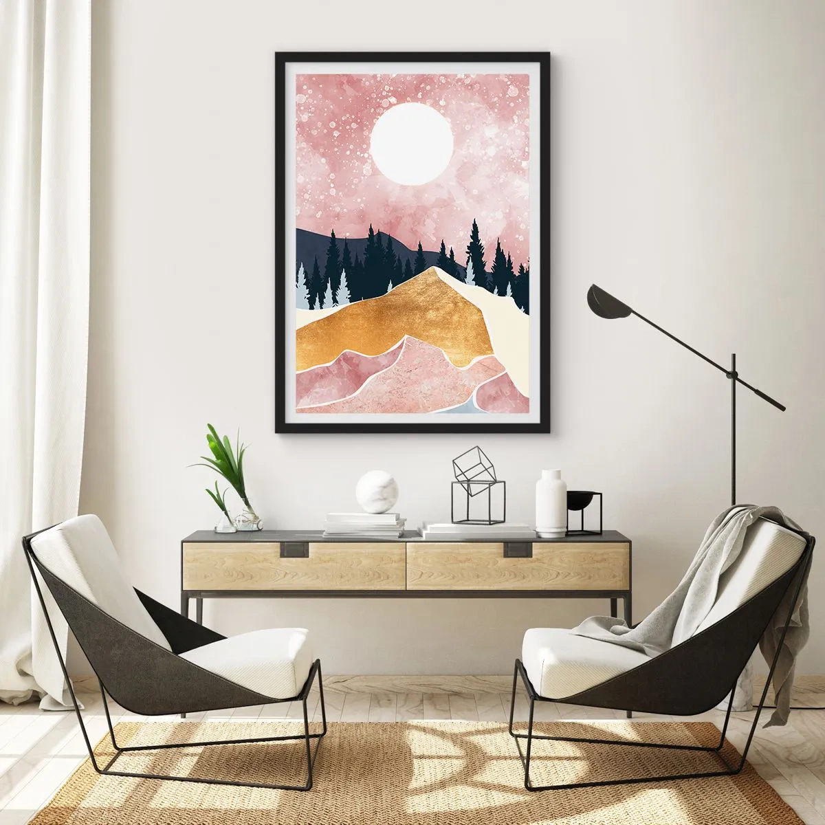 Plakat i sort ramme - Abstrakt landskab med skov, bjerge og gyldne accenter - 50x70cm - Nattevagt - Moderne vægdekoration til stue og soveværelse ARTTOR