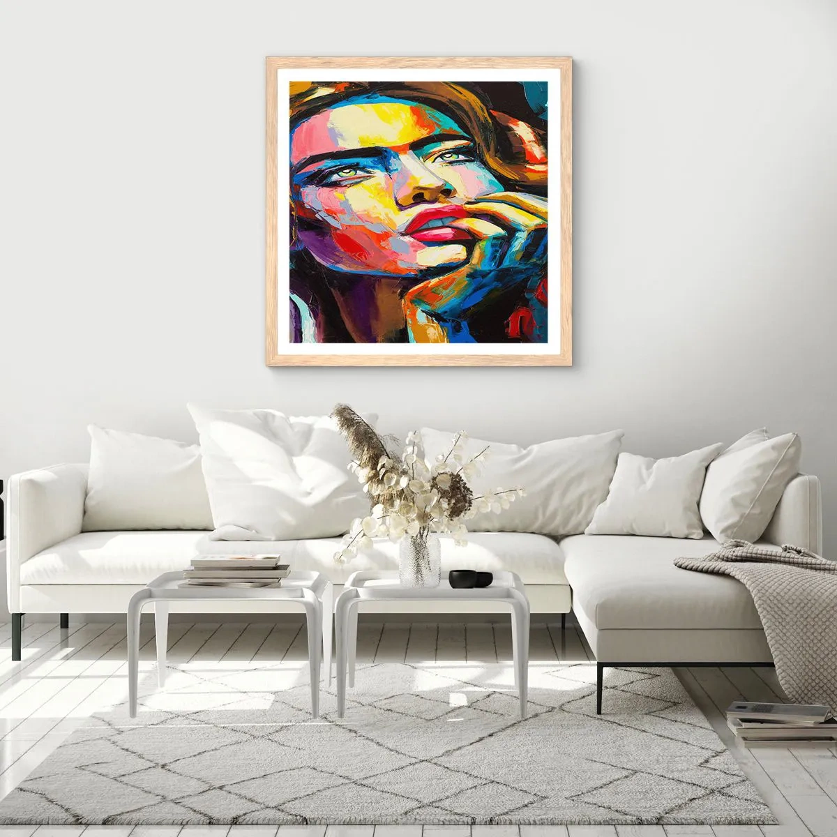 Plakat i ramme af lyst egetræ - Drømme som fugle svæver gennem himlen - 60x60 cm