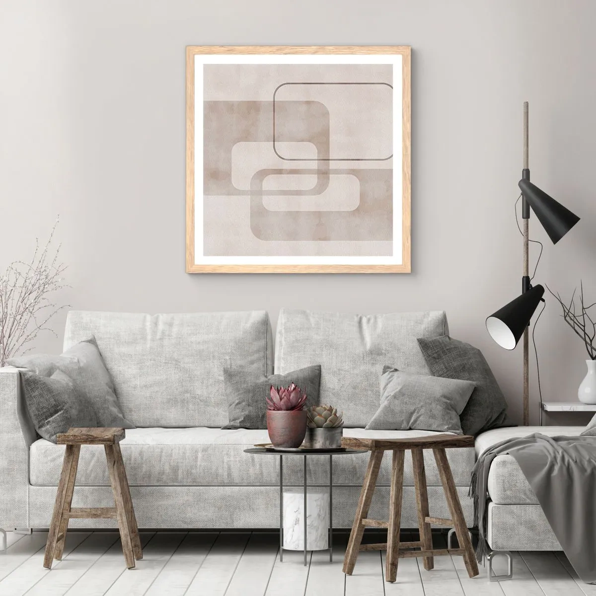 Plakat i ramme af lyst egetræ - Geometrisk fuga - 40x40 cm