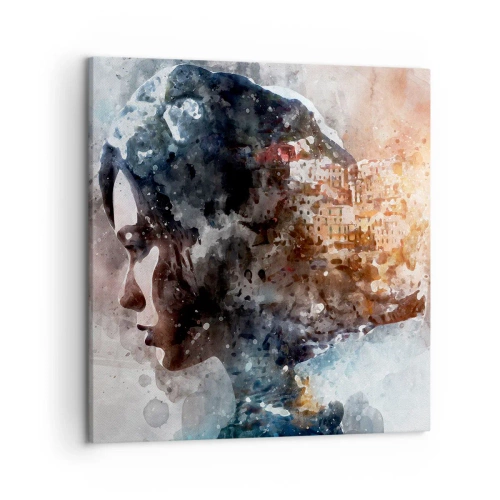 Lærredstryk - Billede på lærred - Historien om en pige med en by i baggrunden - 50x50 cm